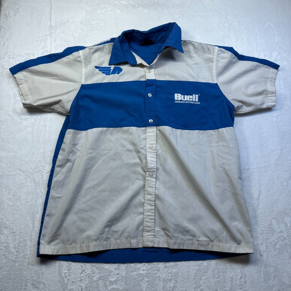 Buell Motorcycles Mechanic Button Up Short Sleeve Work Shirt‎ WORN Stained